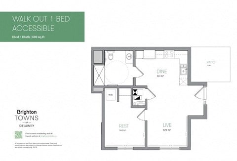 Floor plan for 1 bed, 1 bath, 593 sqft